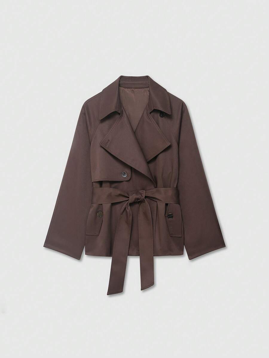 Abrigo corto de trinchera marrón minimalista vintage con cordones