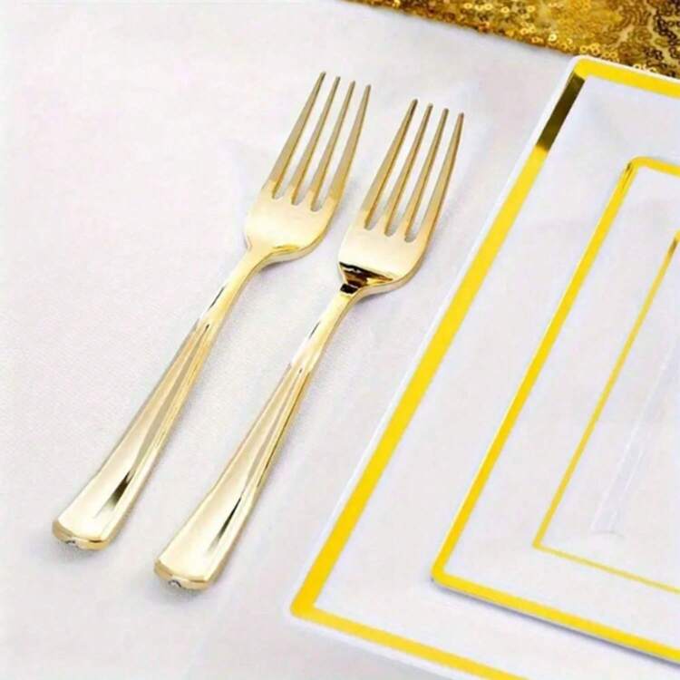 150/100/50/30/25/10/5件套镀金可重复使用餐具套装 - 刀/叉/勺，适用于蛋糕、沙拉、西餐、意大利面、咖啡搅拌器，适合派对、户外、家庭聚会、婚礼、生日、节日、万圣节、圣诞节礼物，易于清洁和重复使用！耐用餐具 - 完美的派对用品 - 金色 - 查看 9