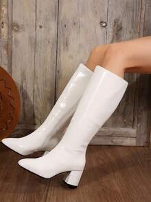 Women's Fashion Simple Knee-High Boots, Thick Heel Riding Boots, White Boots For Autumn/Winter - White - View 1