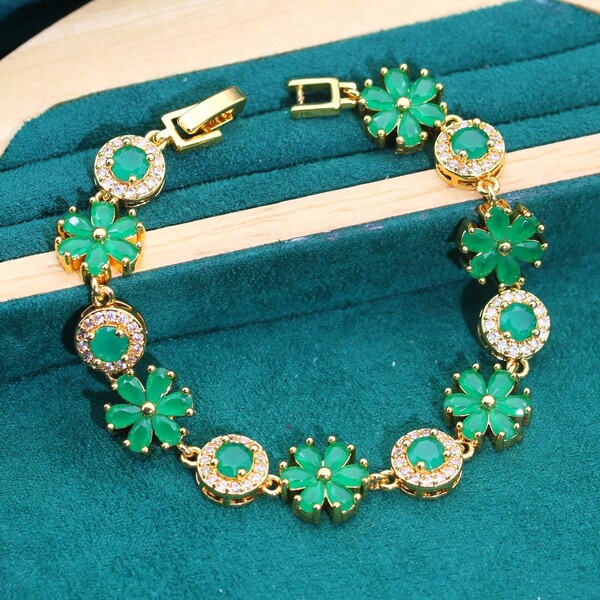 سوار مرصع بالزركونيا المكعبة بتصميم زهري أخضر فاخر، مجوهرات للنساء، هدية عيد الميلاد