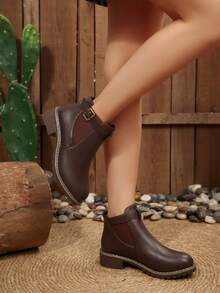 Solid Color Western Style Side Zipper Buckle Holiday Round Toe Thick Sole Retro Short Boots With Belt Buckle Decor, Women Casual Ankle Boots For Autumn/Winter