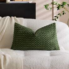 1个橄榄绿波西米亚条纹抱枕套（不含枕芯），柔软灯芯绒纯色装饰方形枕套，适合度假、沙发、卧室、床铺，四季皆宜。