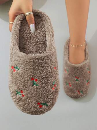 Cute Embroidered Fruit & Heart Plush Warm Indoor Slippers For Women, Quiet Sole House Shoes For Autumn/Winter,Fur Slippers