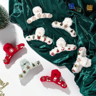 1 st juldekorationer hårklämmor, plyschiga snöflingor och jultomtemotiv, festliga håraccessoarer för kvinnor, julhåraccessoarer