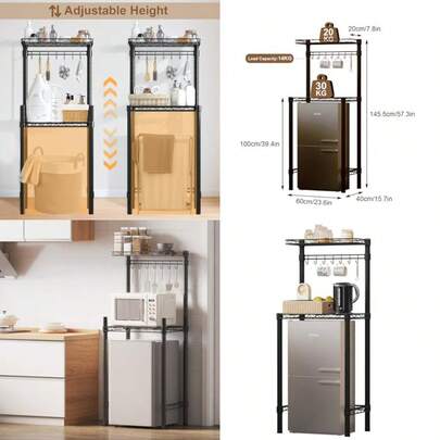 Fyzeg 2Tier Mini Fridge Storage Shelf Mini Fridge And Microwave Stand Adjustable Metal Organizer Storage Rack With 7Hooks Multifunctional Bakers Rack Coffee Bar Table For Kitchen Office Dorms Bedroom