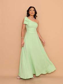 Helena Long Dress Luxury Plain Dune Linen With Bow One Shoulder - Verde Limao - View 4