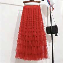French Socialite Princess Dress, Beautiful Thousand-Layer Ruffled Mesh Skirt, Temperament Big Skirt, Fairy Skirt, Cake Skirt - 玫紅色 - 查看 2