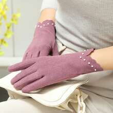 Guantes de Ciclismo Elegantes de Perlas para Mujeres Otoño Invierno, Mantienen el Calor, Pantalla Táctil, Sin Terciopelo, No Hinchados, a Prueba de Viento - Morado - Ver 2