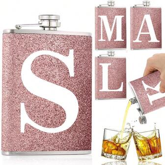 8oz Pocket Flask Party Gathering Hip Flask With Screw-Top Seal Leak-Proof Design For Spirits/Whisky/Wine Portable Outdoor Drink Accessory Holiday Gifts For Woman Wife Girlfriend Initial Name 26 Letters Pattern