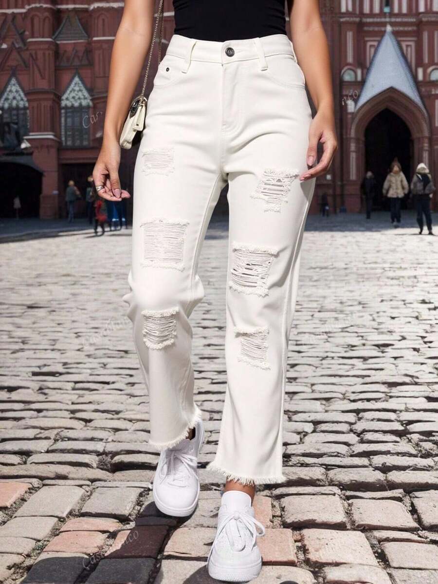Mezclilla pantalon para mujer,blanco con rotos,hermaso,comodidad,casual. - Blanco - Ver 1