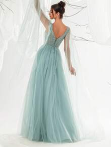 VIPGIRL Women's Elegant Ethereal Sequin Contrast Mesh High Slit Maxi Evening Gown - Blue - View 2