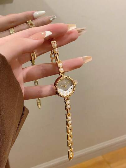 1 Stück neue rosa/weiße Perlen Armband Stil runde Damenuhr, süße ovale Form Damen Armbanduhr, Geschenk für sich selbst oder Freunde