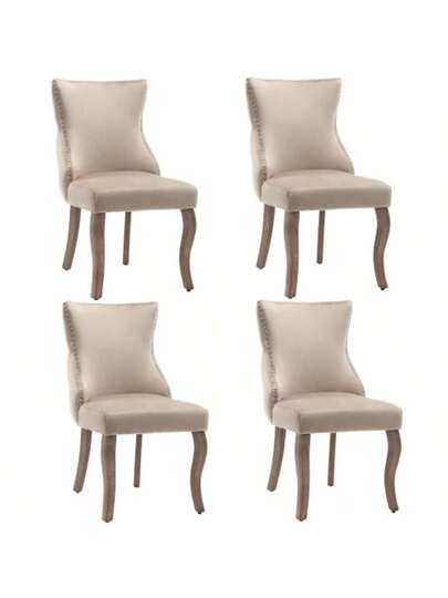 Dining Room Stoel (Living Unique Button Quilting On The Back, Pieces), Upholstered Nailhead Fluwelen Cover, Curved Solid Wood Legs, Beige (2024.1.4 Leg Replacement!!) view 3