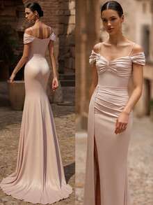 Elegant Solid Color Off Shoulder Ruched Fitted Women Evening Dresses - Champagne - View 2