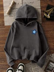 1pc Tween Girl Thermal Lined Thick Warm Star Print Hoodie Sweatshirt, Young Student Clothing, Suitable For Kids Autumn/Winter Long Sleeve Top, Y2K/Casual/Stylish/Daily/Streetwear/Holiday/School/Girly/Cute - Dark Grey - View 2