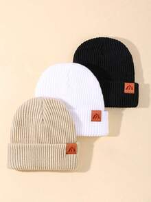 This Three Pieces Set Of Knitted Caps For Babies, Girls And Boys, Suitable For Daily Life And Outdoor Warmth, Features A Fashionable Logo And A Mountain Logo