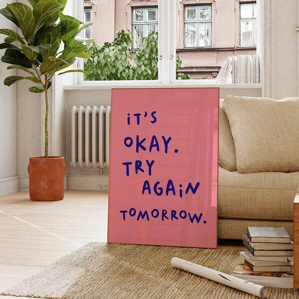 1pc, Canvas Wall Art, Framed Wall Decor, 'It's Alright, Try Again Tomorrow' Print, Vintage Pink Academic Style Wall Art, Dopamine Poster, Fashionable Young Woman Poster, Motivational Poster, Office Decor, Room Decor, Dorm Decor, Bedroom Decor, Bathroom Decor, Kitchen Decor, Poster
