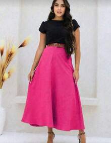 Women's Long Round Skirt Tailoring Evangelical Fashion Casual Basic Winter High Waist Elegant - 玫紅色 - 查看 2