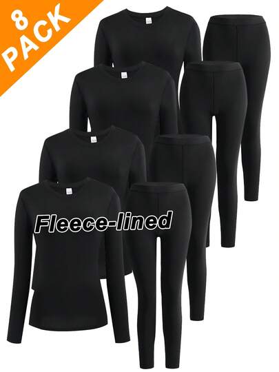 8PCS Winter Clothes For Women,Women Solid Color Long Sleeve Top And Pants Innerwear For Winter,Thermal Set Women,Perfect For Indoor Lounging & Office Layering