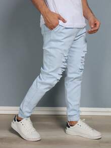 Men's Ripped Jogger Pants With Elastic - Baby Blue - View 2