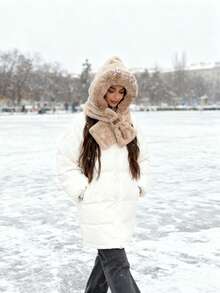 1 peça de gorro e cachecol quente de inverno, gorro tudo em um, chapéu feminino de inverno, acessório de cabelo, adequado para mulheres, protetores de ouvido com forro térmico macio e grosso, gorro de pelúcia listrado, design dobrável, sem elástico, lavável à mão, aquecedor de pescoço cruzado, crie um visual moderno, acessório quente multifuncional para roupas de inverno, presente de Natal