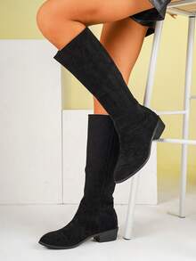 Chunky Heel Suede Over-The-Knee Boots For Girl, Back Zipper Long Shaft Fashion Boots - Black - View 2