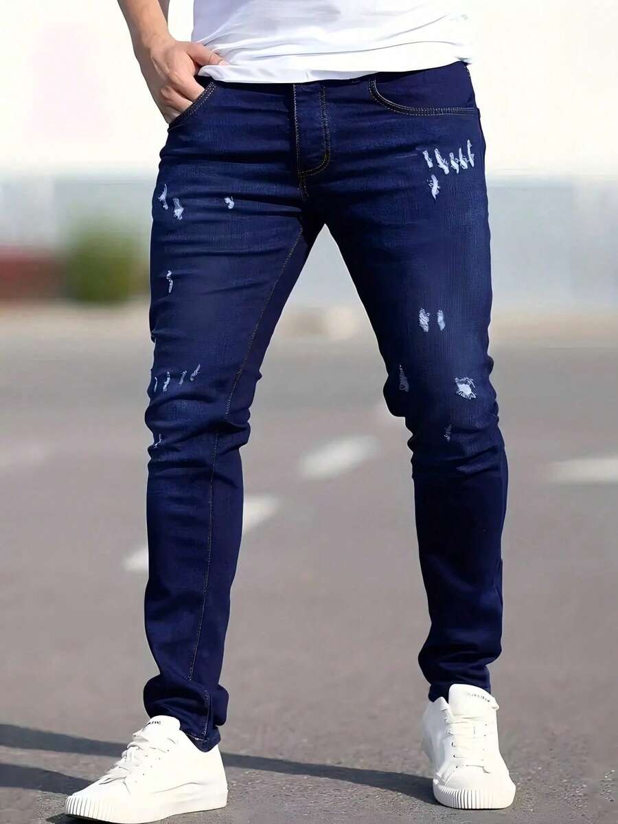 Grunge Goth Y2K Style Fashion Casual Sports College Blend Young Street Mature Business Distressed Elastic Cuff Jeans Pants - Dark Wash - View 1