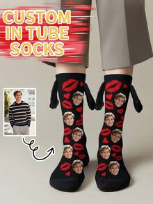 Face Socks 1 Pair Of Customized Face Men's Holding Hands Series Medium Socks, Put Any Face On The Socks, Personalized Socks With Photos, Interesting Customized Pictures With Medium Stockings, Suitable For Valentine's Day, Birthday, Gift Giving And Other Occasions, Personalized - Multicolor - View 6