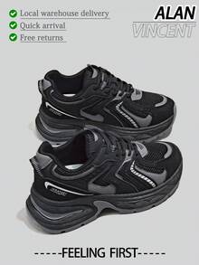 Alan Vincent[Free Returns And Exchanges] [Local Delivery][Quick Arrival][Clunky Sneaker Series]Black Shoes For Women  New Thick-Soled Sports Shoes Comfortable And Fashionable Running Shoes Height Increasing Casual Sneakers Women Outdoor  Shoes Ladies Shoes Breathable Mesh - 黑色 - 查看 1