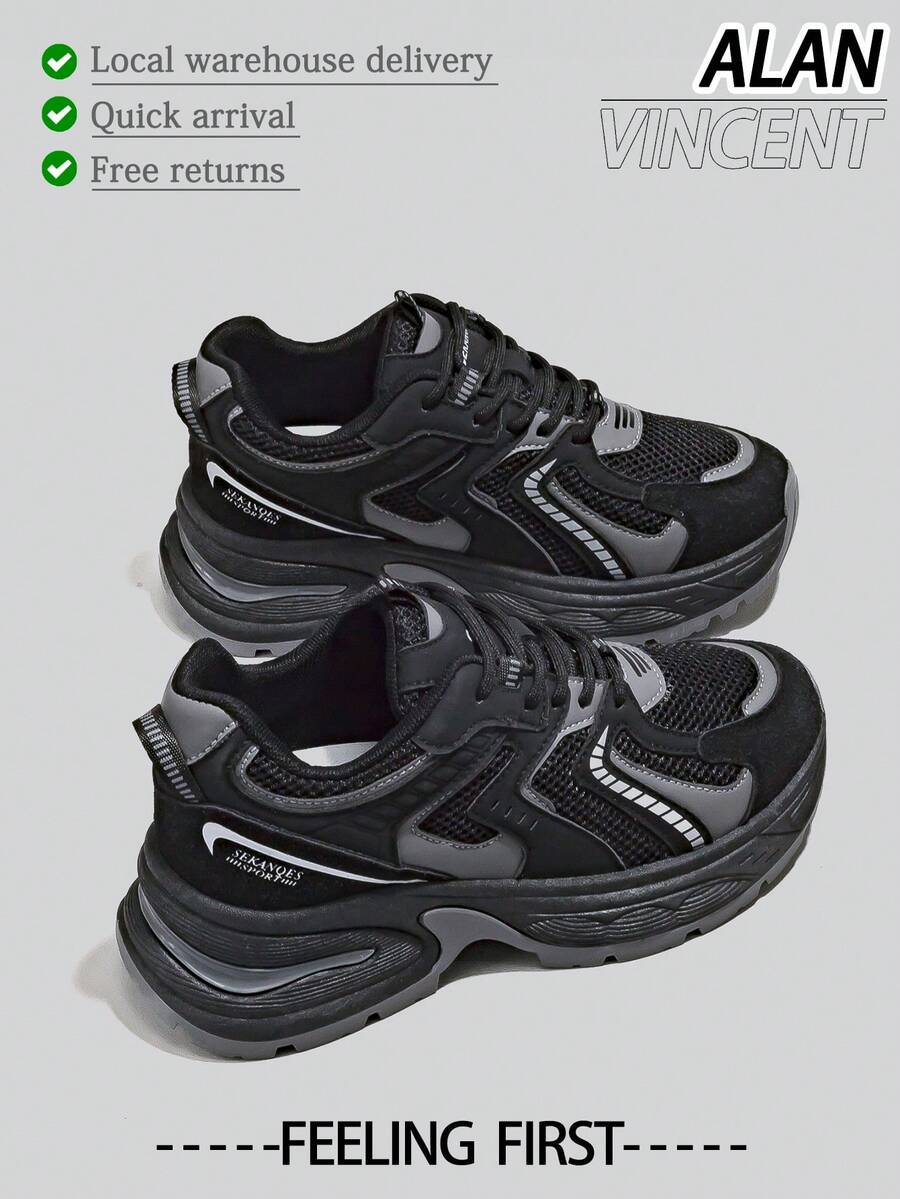 Alan Vincent[Free Returns And Exchanges] [Local Delivery][Quick Arrival][Clunky Sneaker Series]Black Shoes For Women  New Thick-Soled Sports Shoes Comfortable And Fashionable Running Shoes Height Increasing Casual Sneakers Women Outdoor  Shoes Ladies Shoes Breathable Mesh - 黑色 - 查看 1