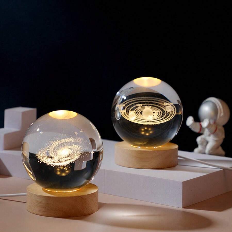 Crystal Ball Colorful Night Light,USB Powered, Wooden LED Light Base, Creative Carving Decoration, Christmas And Valentine's Day Birthday Gift. - Wooden Color - View 1