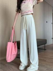 Milkshake-Colored Towel-Like Cashmere Pants. Colorblock, Plain, Casual, Ribbed Knit, Drawstring, Everyday, Home Wear. - Milky White - View 5