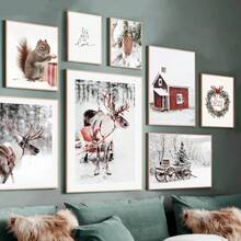 Pictură pe pânză cu peisaj de iarnă și zăpadă, artă de perete, elan, pin, peisaj din lemn, poster și imprimare pentru decor modern de Crăciun pentru casă - Multicolor - Vizualizare 3