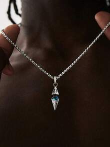 1pc Unisex Fashionable Blue Stone Pendant Necklace With Stainless Steel Chain, Geometric Design, Perfect As Boyfriend/Girlfriend Gift, Party Accessory, Summer Fashion Essential