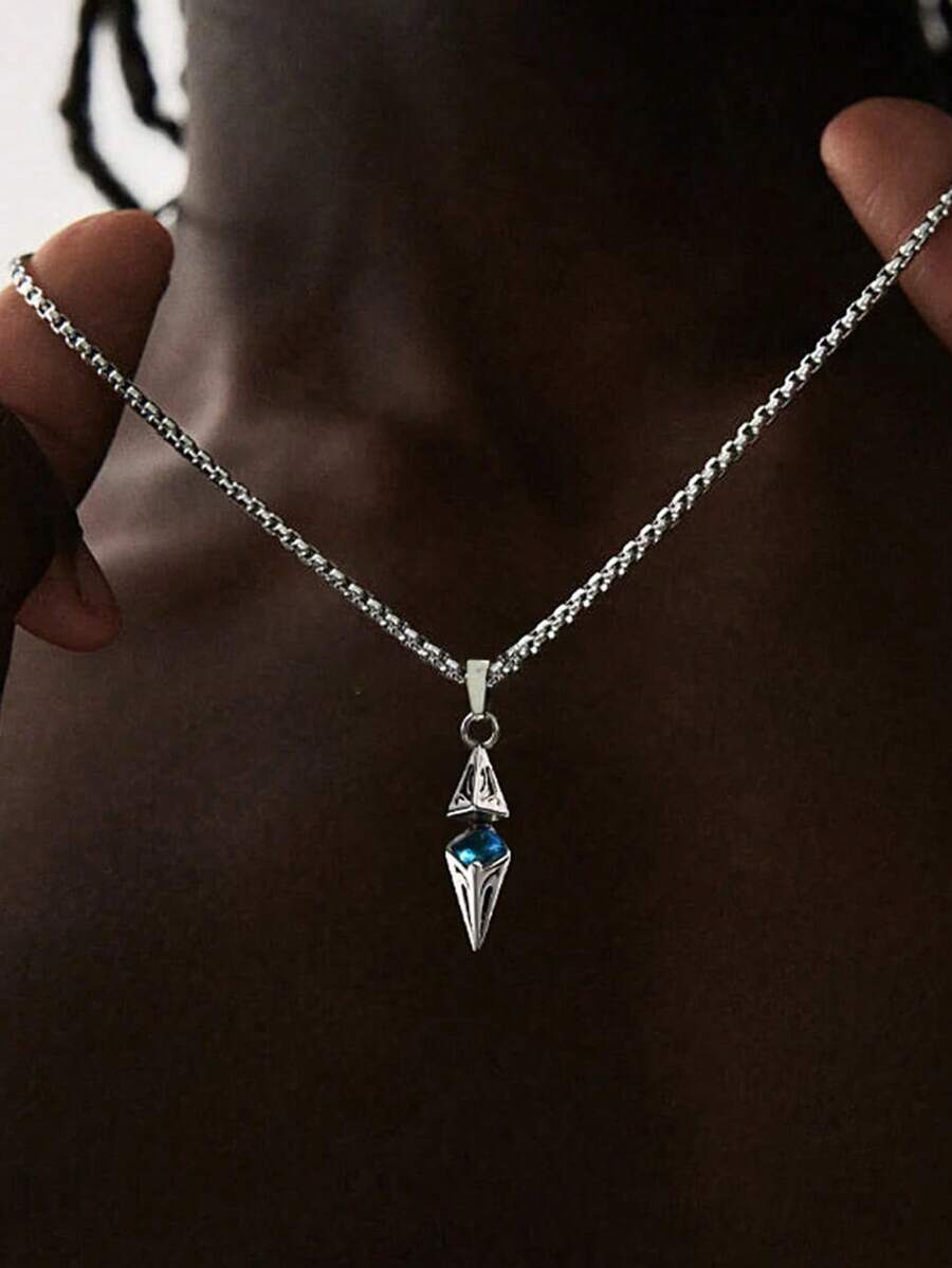 1pc Unisex Fashionable Blue Stone Pendant Necklace With Stainless Steel Chain, Geometric Design, Perfect As Boyfriend/Girlfriend Gift, Party Accessory, Summer Fashion Essential