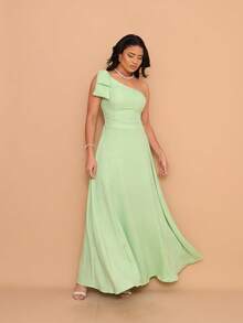 Helena Long Dress Luxury Plain Dune Linen With Bow One Shoulder - Verde Limao - View 1