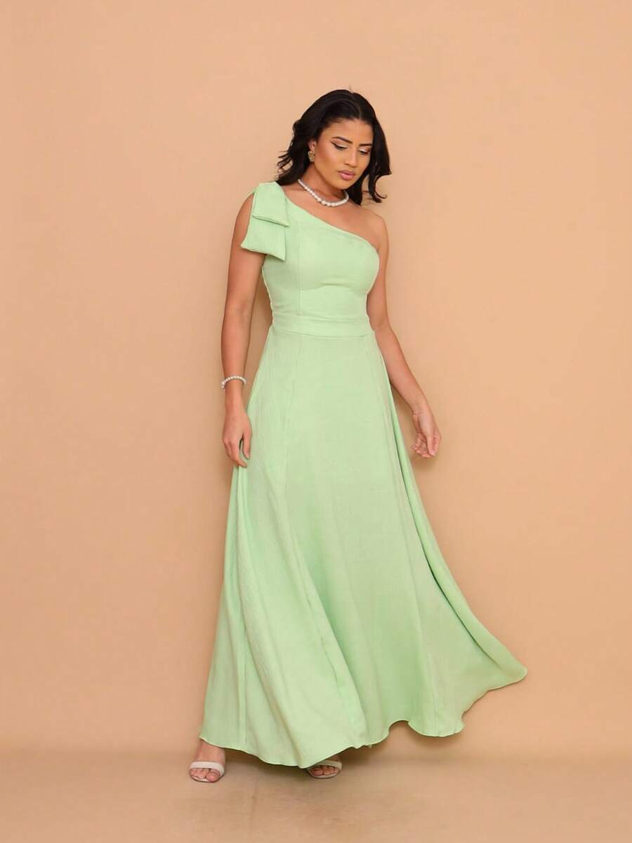 Helena Long Dress Luxury Plain Dune Linen With Bow One Shoulder - Verde Limao - View 1