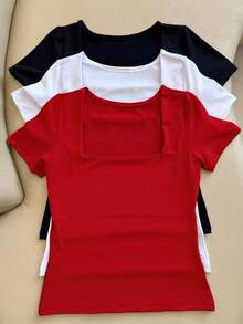 Kit Of 3 Basic Suplex Blouses, Square Neckline, Short Sleeve, Lined - Red/White/Black - View 1