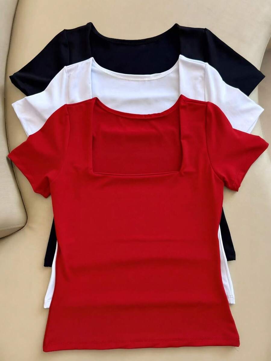 Kit Of 3 Basic Suplex Blouses, Square Neckline, Short Sleeve, Lined - Red/White/Black - View 1