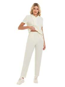 cimmuovere Women's Solid Color V-Neck Short Sleeve Scrub Top And Loose Straight Pocket Scrub Pants, Nurse Scrubs Workwear For Dentist, Healthcare, Pet Hospital, Laboratory - Apricot - View 9