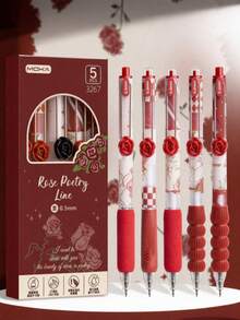 6-Pack, Mobile Rose Gel Pens, Flower Series Soft Grip Black Pens, Black Ink Pressure-Sensitive Pens, Smooth 0.5mm Retractable Black Ink Pens, Cute Back To School Gel Pens, Ballpoint Pens, Writing Stationery Gel Pens, Teen And Adult Home Classroom And Office Writing Pens - Multicolor - View 6