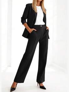 Women's Two-Piece Suit Business Casual Blazer And Wide-Leg Pants Set Professional Office Attire - 黑色 - 查看 4