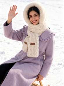 1Pc Women's Winter Warm Plush Hood, Scarf And Gloves Set, Winter Warm Scarf And Beanie Hat Set, Soft And Thick Warm Lining, Ear Protection, Striped Craft Beanie Hat, Foldable Design, Cross Neck Warm Hat, Solid Cartoon Bear Design Fluffy Hat Adds Fashion Sense And Cute Winter And Autumn Valentines Gift