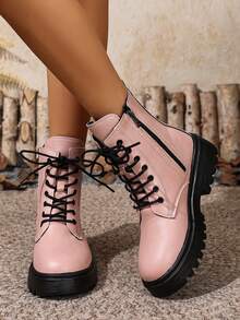 2025冬季新款女鞋，保暖冬靴，时尚百搭休闲女鞋，真皮踝靴，黑白系带侧拉链踝靴，平底女靴，女士踝靴，时尚女靴 - 粉色 - 查看 4