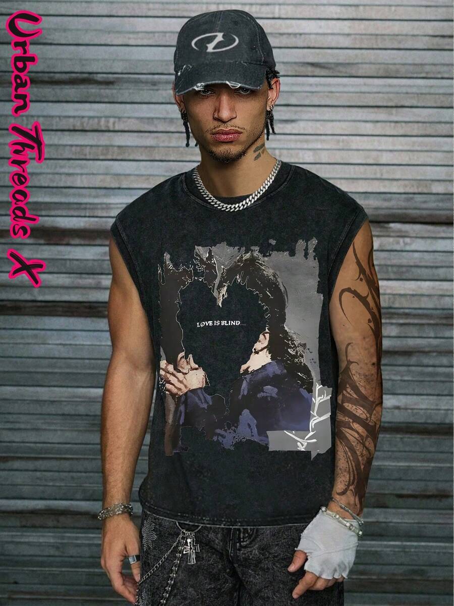 Dark Fantasy Art Design New Retro Street Style 230g Heavy Cotton Washed Distressed Sleeveless Vest Casual Loose Fit Underwear Vest - màu đen - Xem 1
