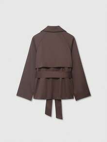 Abrigo corto de trinchera marrón minimalista vintage con cordones