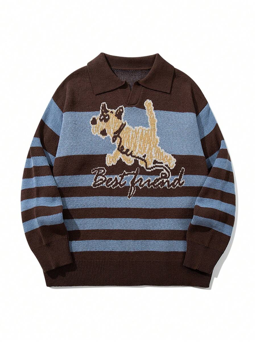 Suéter masculino casual, folgado e quente, com blocos de cores, estampa de cachorro fofo e letras em inglês, estilo retrô vintage, ideal para outono e inverno.