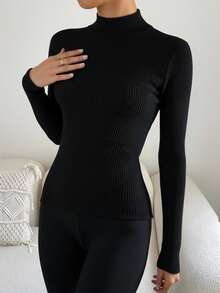 Blusa térmica dama mujer estilo moderno tejido color sólido ajustada cuello alto manga larga otoño invierno oficina versátil elegante casual cómodo suave calientito - Negro - Ver 2