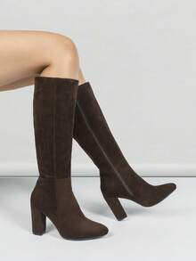 Women's Dark Brown Side Zipper Chunky Heel Over-The-Knee Boots, Fashion Pointed Toe Boots With High Comfort, Fashionable Women's Shoes For Autumn/Winter, Stylish Boot For Various Occasions,Party - Reddish Brown - View 5