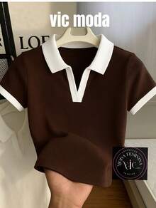 Women's Polo Collar Blouse, Two-Tone, Short Sleeve, Casual Cotton - p-棕色露頸 - 查看 1